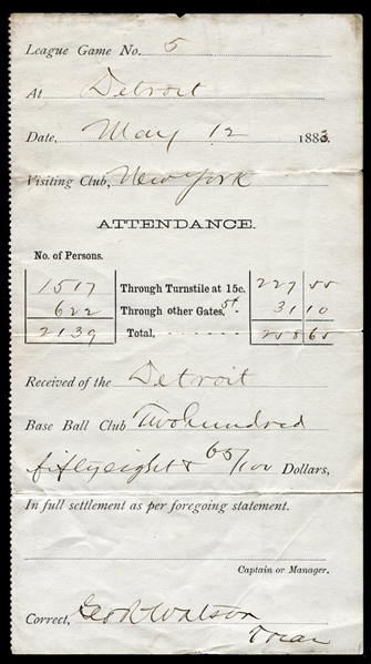 1883 Detroit Wolverines Attendance Receipt Signed by George Watson