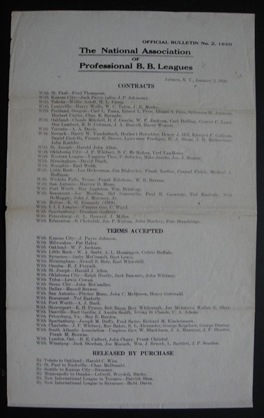 1920 National Association of Professional B.B. Leagues Bulletin