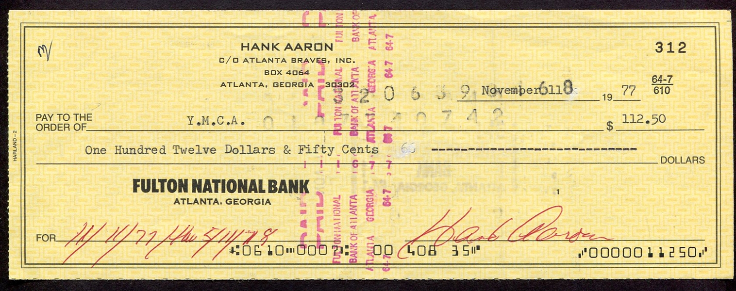 Hank Aaron Signed Personal Check