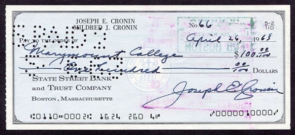Joe Cronin Signed Personal Check