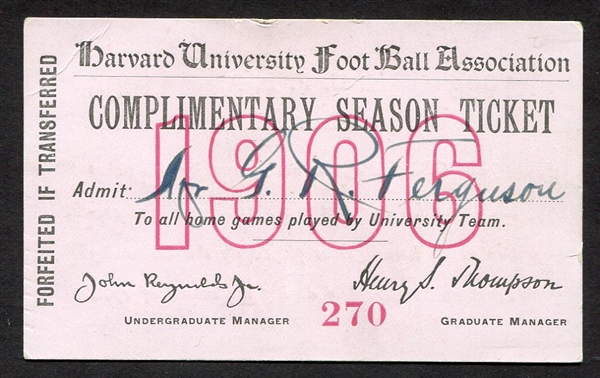 1906 Harvard Football Complimentary Season Ticket