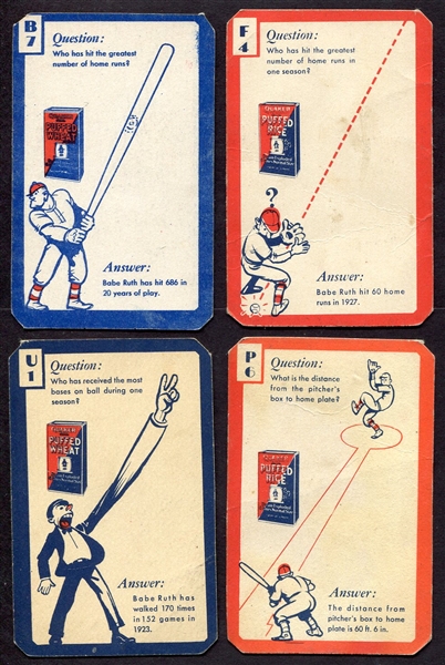 1934 Quaker Oats "Ask Me" Baseball Trivia Cards Lot of 4 Different w/Ruth
