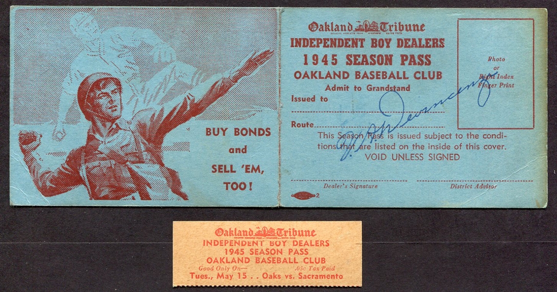 1945 Oakland Tribune Independent Boy Dealers Oakland Oaks Season Pass