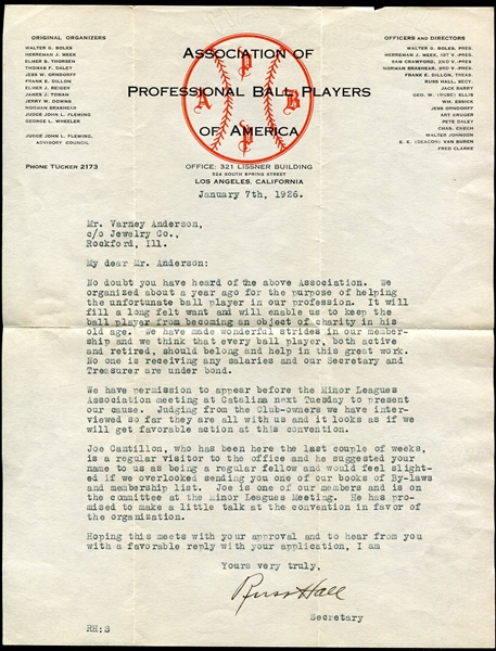 1926 Varney Anderson Letter to Join Assoc. of Professional Ball Players w/more