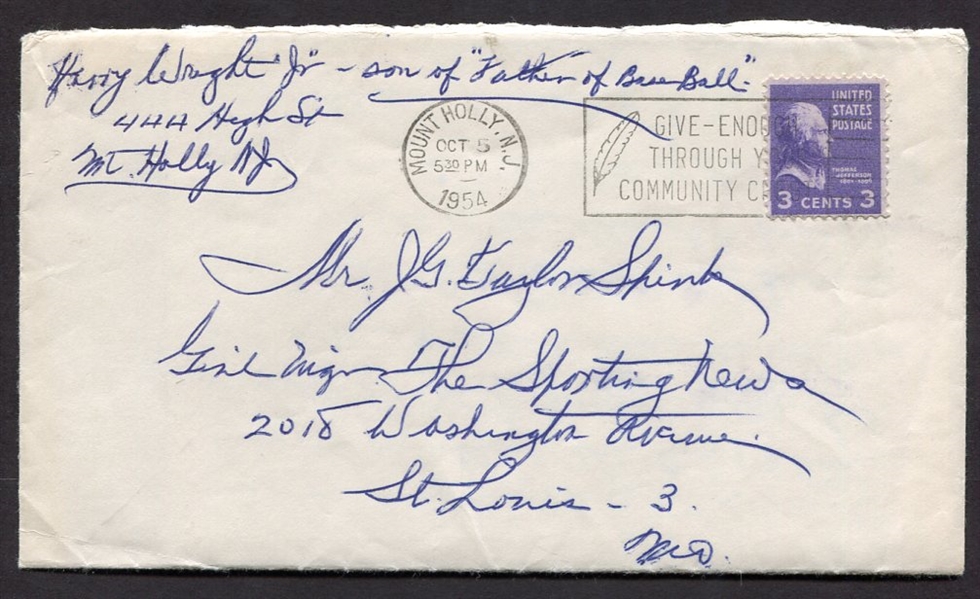 Harry Wright Jr. 1954 Letter to Sporting News Editor J. G.Taylor Spink 