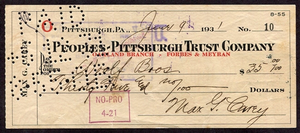 Max Carey Signed Personal Check