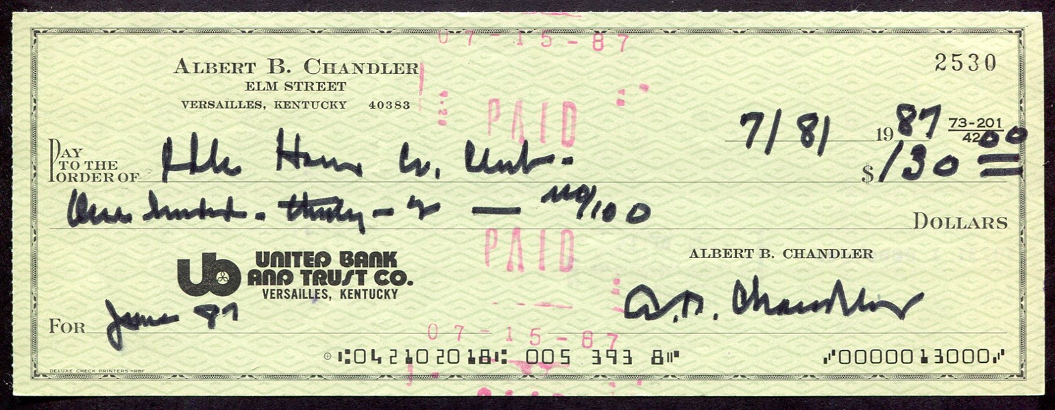 Albert "Happy" Chandler Signed Personal Check