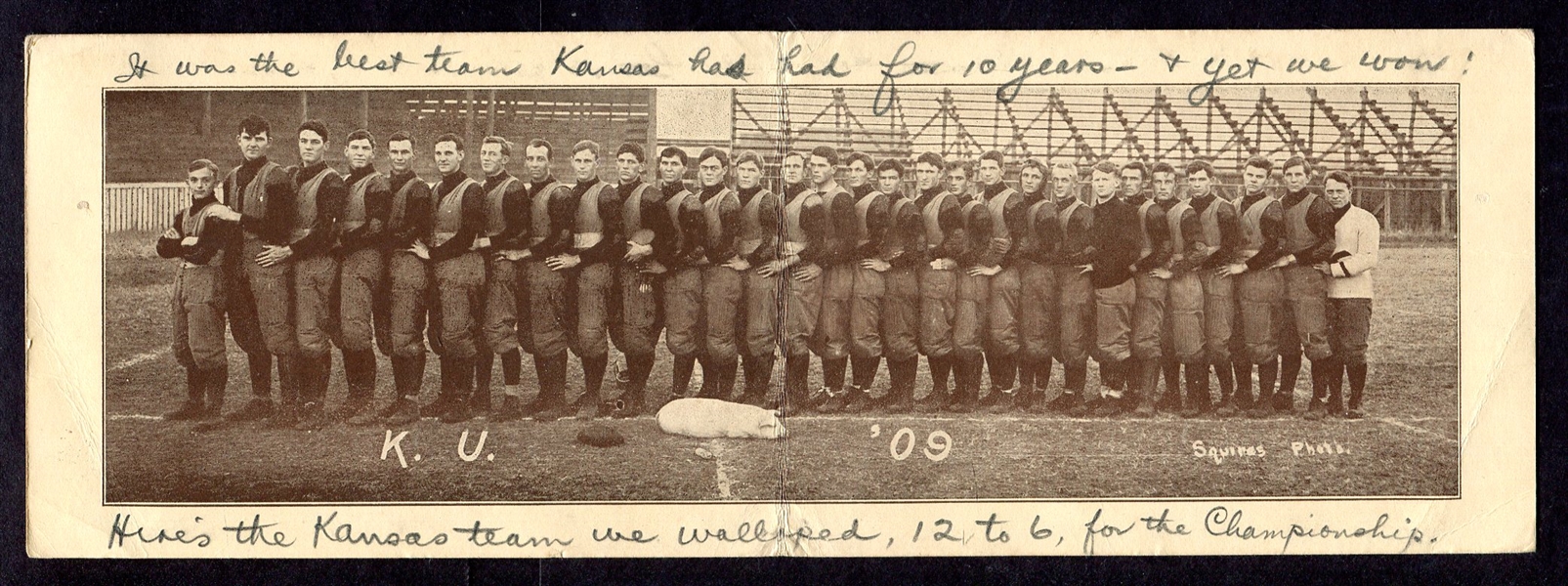 1909 University of Kansas Football Team Fold-out postcard with Pig Mascot!