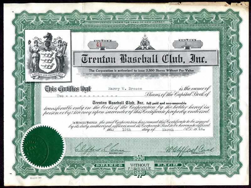 1944 Trenton Baseball Club & Later Harrisburg Baseball Club Stock Certificates