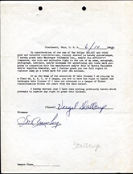 Virgil Stallcup Signed 1950 MacGregor Contract 