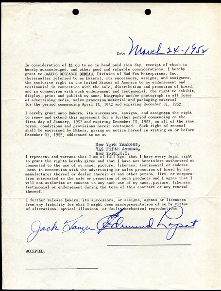 Ed Lopat Signed Contract 1952
