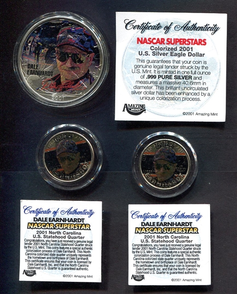 2001 Nascar Earnhardt Colorized Silver Eagle & Quarters