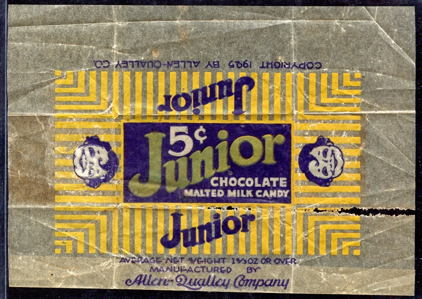 Vintage Junior Malted Milk Candy 5 Cent Wrapper Allen Qualley Co.