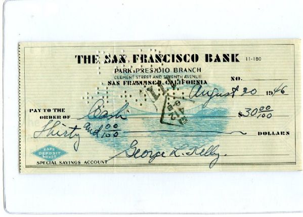 Baseball HOFer George "Highpockets" Kelly signed check