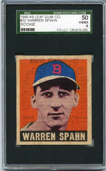 1948-49 Leaf #32 Warren Spahn SGC 50 with Wet Print Transfer