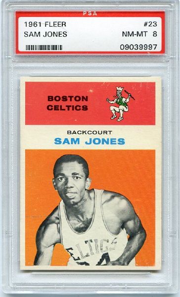 1961 Fleer Basketball #23 Sam Jones Rookie Card PSA 8