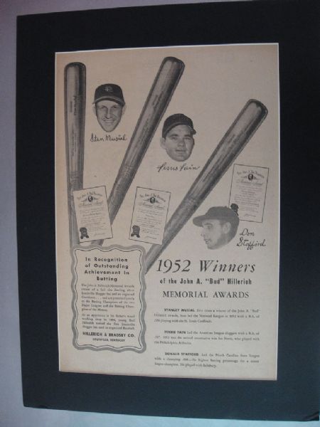 1952 Winners of the Bud Hillerich Memorial Award framed and matted piece