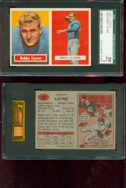 1957 Topps Football -  Bobby Layne-  Spectacular SGC 88  NM-MT