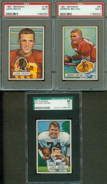 1951 Bowman Football High Grade lot - Adamle sgc 88, Heath PSA 7, Soltau PSA 7