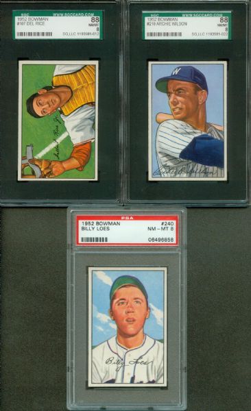 1952 Bowman (3) Loes PSA 8, Rice SGC 88, Wilson SGC 88