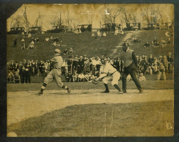 ca. 1925 Baseball Game action picture with bicycles, cars and people everywhere