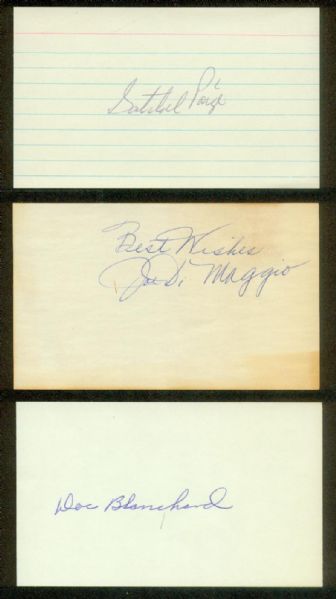(3) autographs- Satchel Paige, Joe Dimaggio & Doc Blanchard