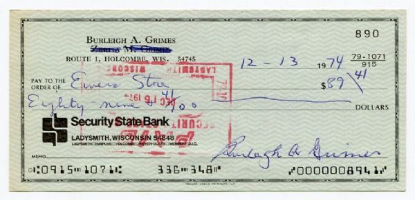 1974 Burleigh Grimes Signed Personal Check 