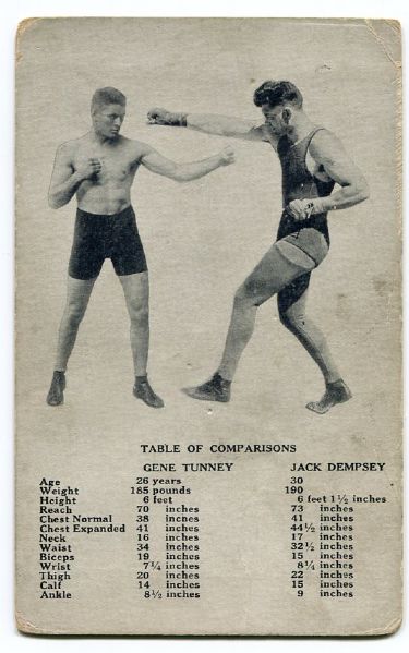 1926 Exhibit Card of Gene Tunney vs. Jack Dempsey Fighter Comparisons