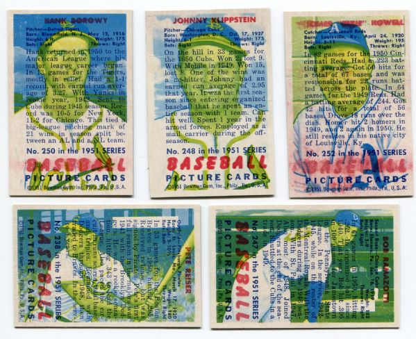 1951 Bowman Baseball Error Cards With Fronts Printed Over the Backs Lot of 5