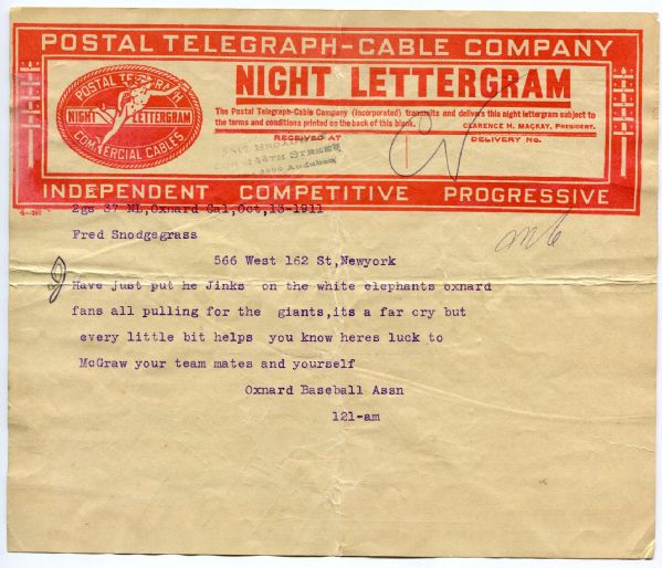 1911 Night Lettergram to Fred Snodgrass Prior To The World Series