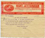 1911 Night Lettergram to Fred Snodgrass Prior To The World Series