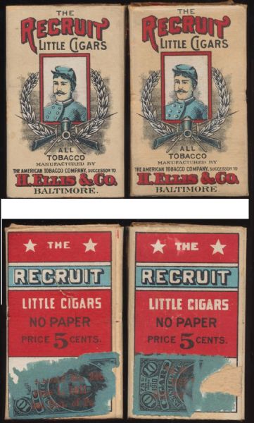 *Recruit Little Cigars original tobacco pack boxes, (2) 1911 overstamps