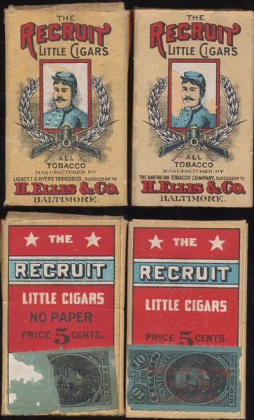 *Recruit Little Cigars original tobacco pack boxes, (2) -only 1 w/ 1911 overstamp