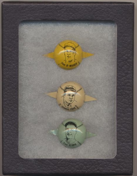 1938 Baseball Tabs pins- Joe Dimaggio, Jimmie Foxx, Lou Gehrig