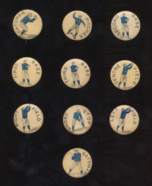 1896 Baseball Position Pins - Group of 10 with assorted backs