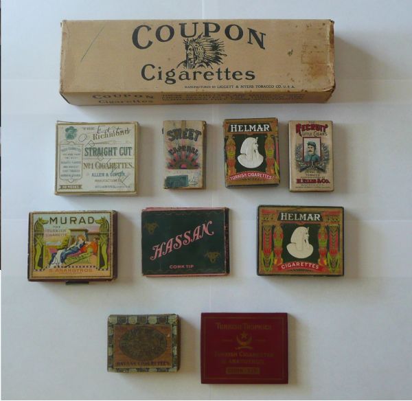 Early 1900s Tobacco lot with Coupon Cigarette Carton, EPDG, Turkish Trophies packs and 7 more