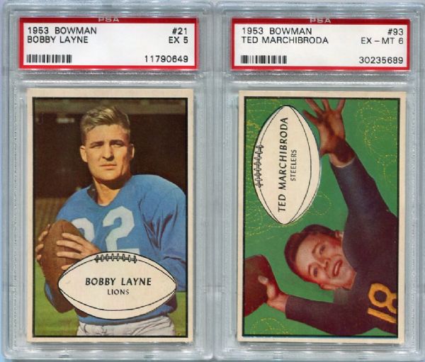 1953 Bowman Football #21 Bobby Layne PSA 5 & #93 Ted Marchibroda PSA 6