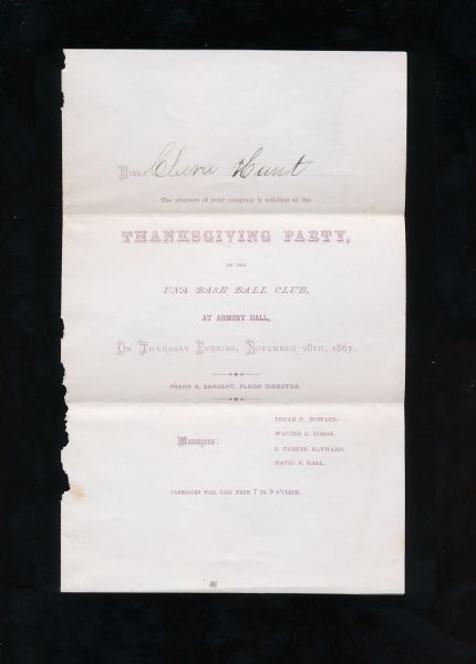 1867 Baseball Invitation to Thanksgiving Party Of the UNA Base Ball Club. "Carriages will call..."