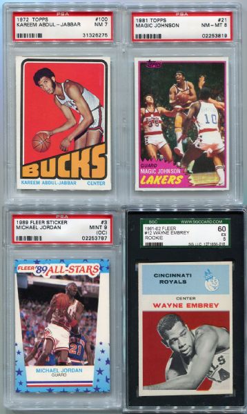 Lot of 4 Basketball Cards 1961-1981 All Graded Jordan-Johnson-Jabbar-Embrey