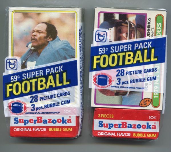 Two 1980 Topps Football 59 Cent Super Bazooka Cello Packs