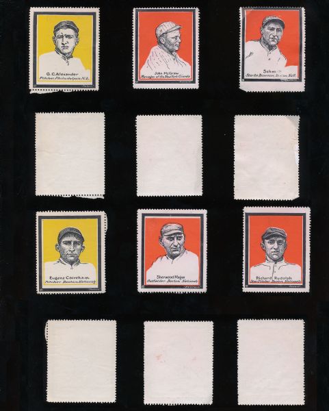 1915 Postaco Stamp Group of 6 with Grover Alexander, McGraw etc....red and yellow