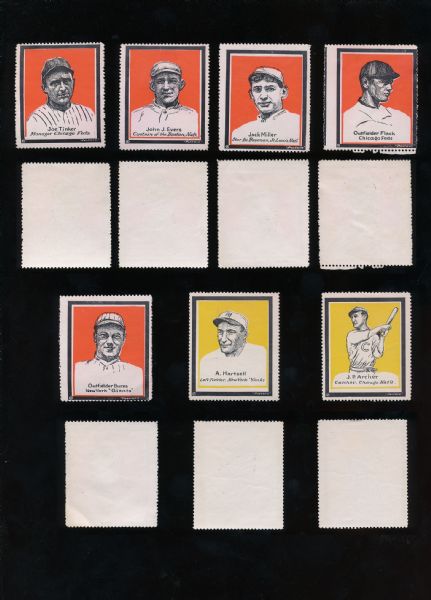 1915 Postaco Stamp Group of 7 with Tinker, Evers etc....red and yellow