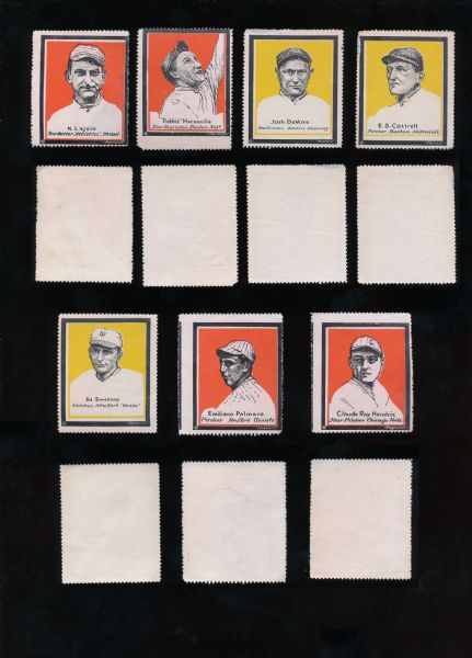 1915 Postaco Stamp Group of 7 with Lajoie, Maranville, etc......red and yellow