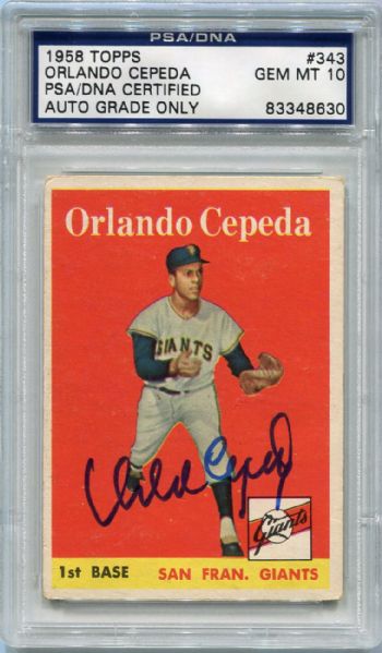 1958 Topps #343 Orlando Cepeda Autographed PSA/DNA Certified Gem Mint 10