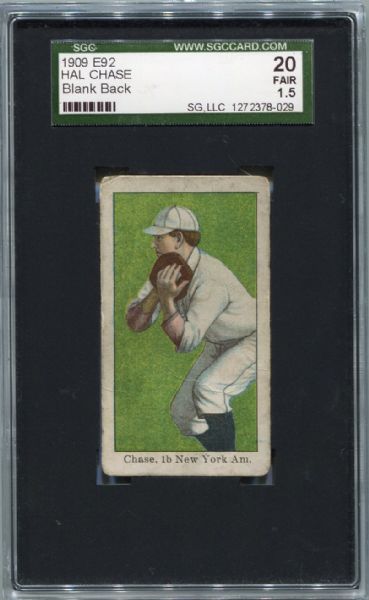 E92 Blank Back Hal Chase SGC 20 - Huge Borders & Great Centering!!