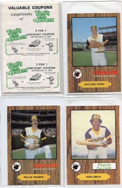 1979 San Diego Padres Family Fun Center Partial Set of 33 + Header Card With Uncatalogued Cards
