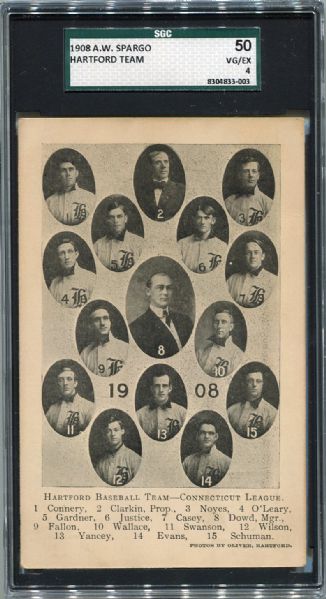 1908 A. W. Spargo Hartford Senators Baseball Team Postcard SGC 50