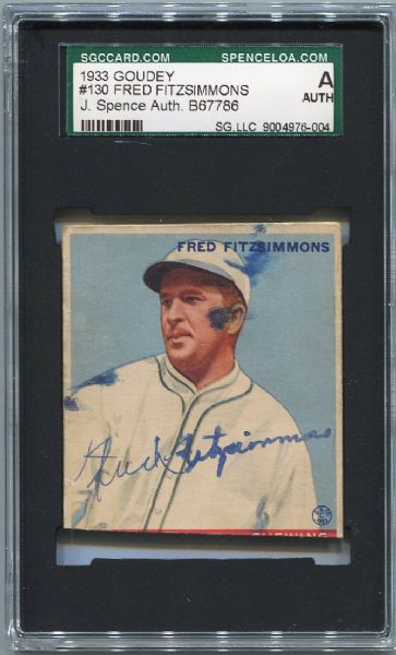 1933 Goudey #130 Fred Fitzsimmons Autographed SGC J. Spence Authentic