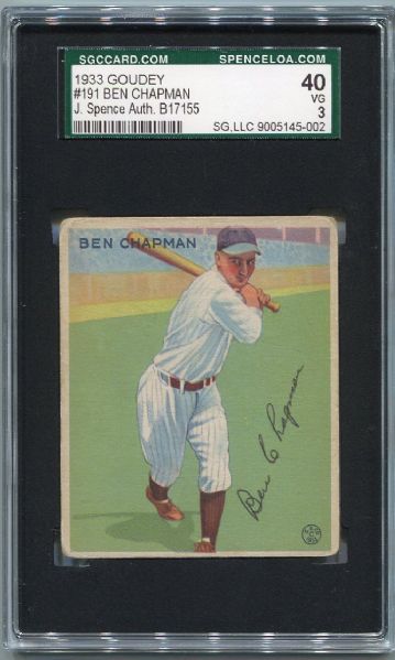 1933 Goudey #191 Ben Chapman Autographed SGC J. Spence Authentic