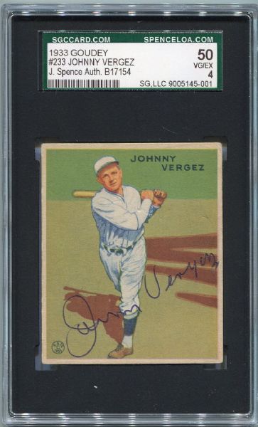 1933 Goudey #233 Johnny Vergez Autographed SGC J. Spence Authentic